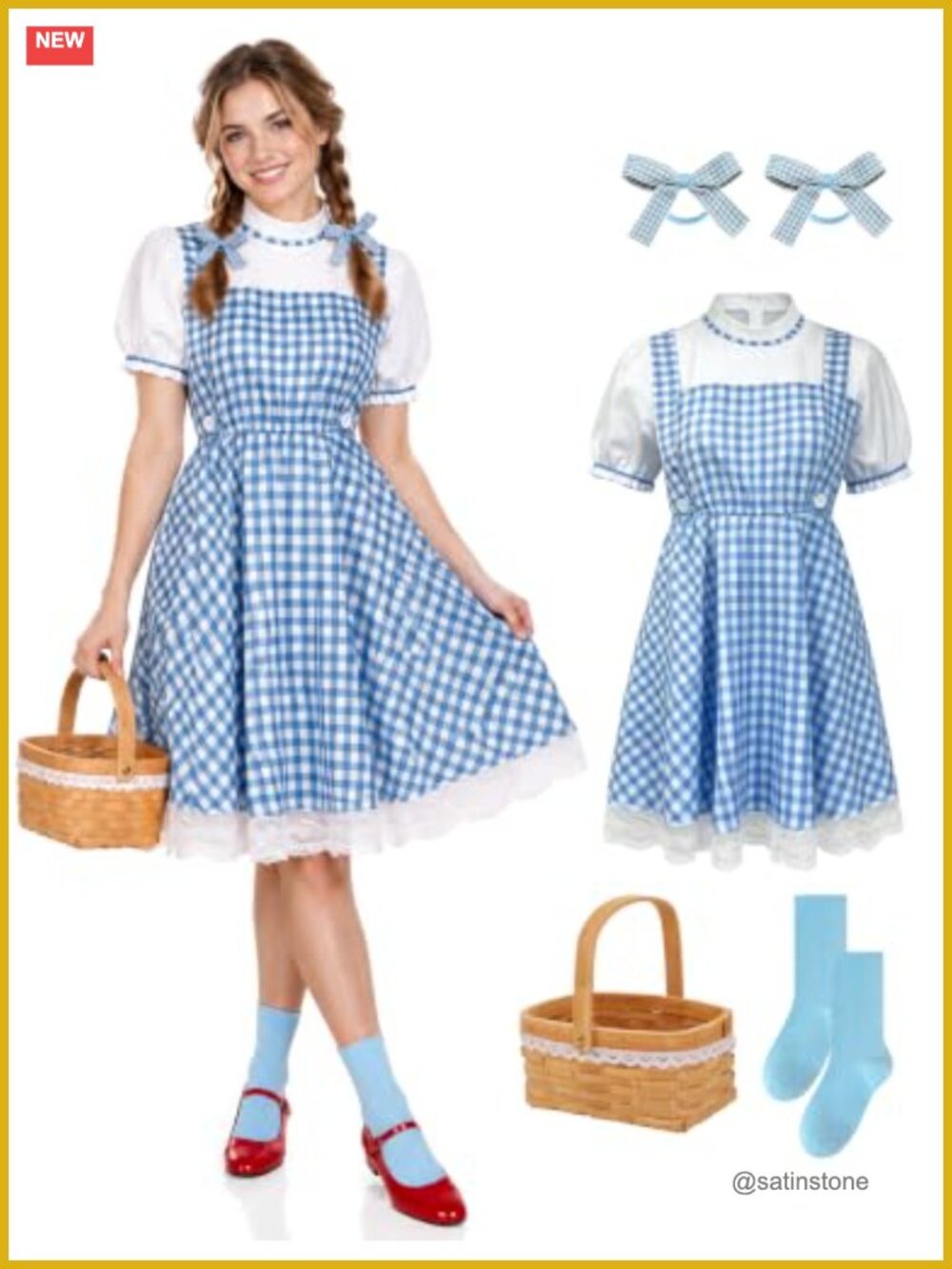 Women Halloween Gingham Costume Dress with Basket Hair Bows Socks Full Set